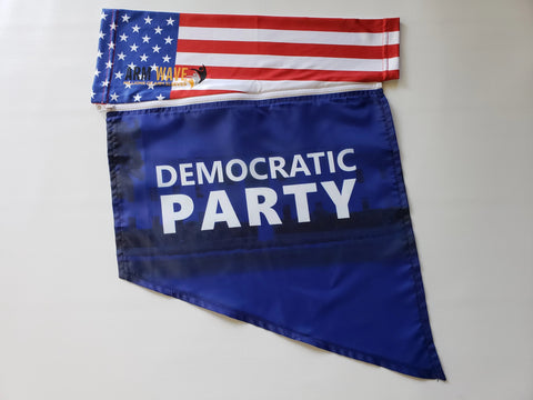 Arm Sleeve with a blue attached flag connected under the under arm part of the Arm Sleeve with a bold print mark "Democratic Party". The Arm Sleeve is designed like the American flag and is a hand-free, Hassle-free Arm Sleeve Flag that fits comfortable on the arm.